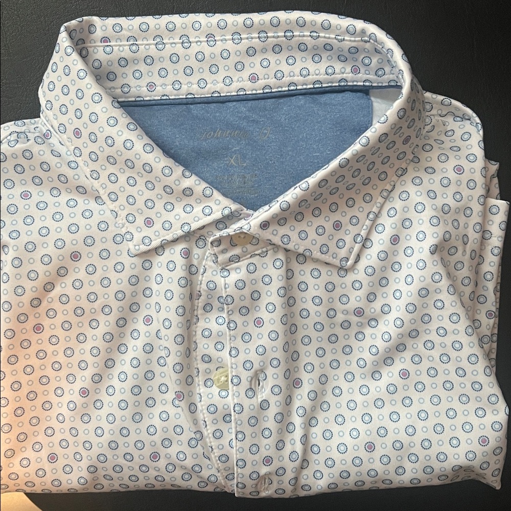 White Button-Up Shirt with Blue and Purple Dots